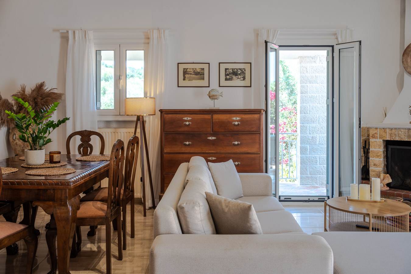 Living room with open balcony doors