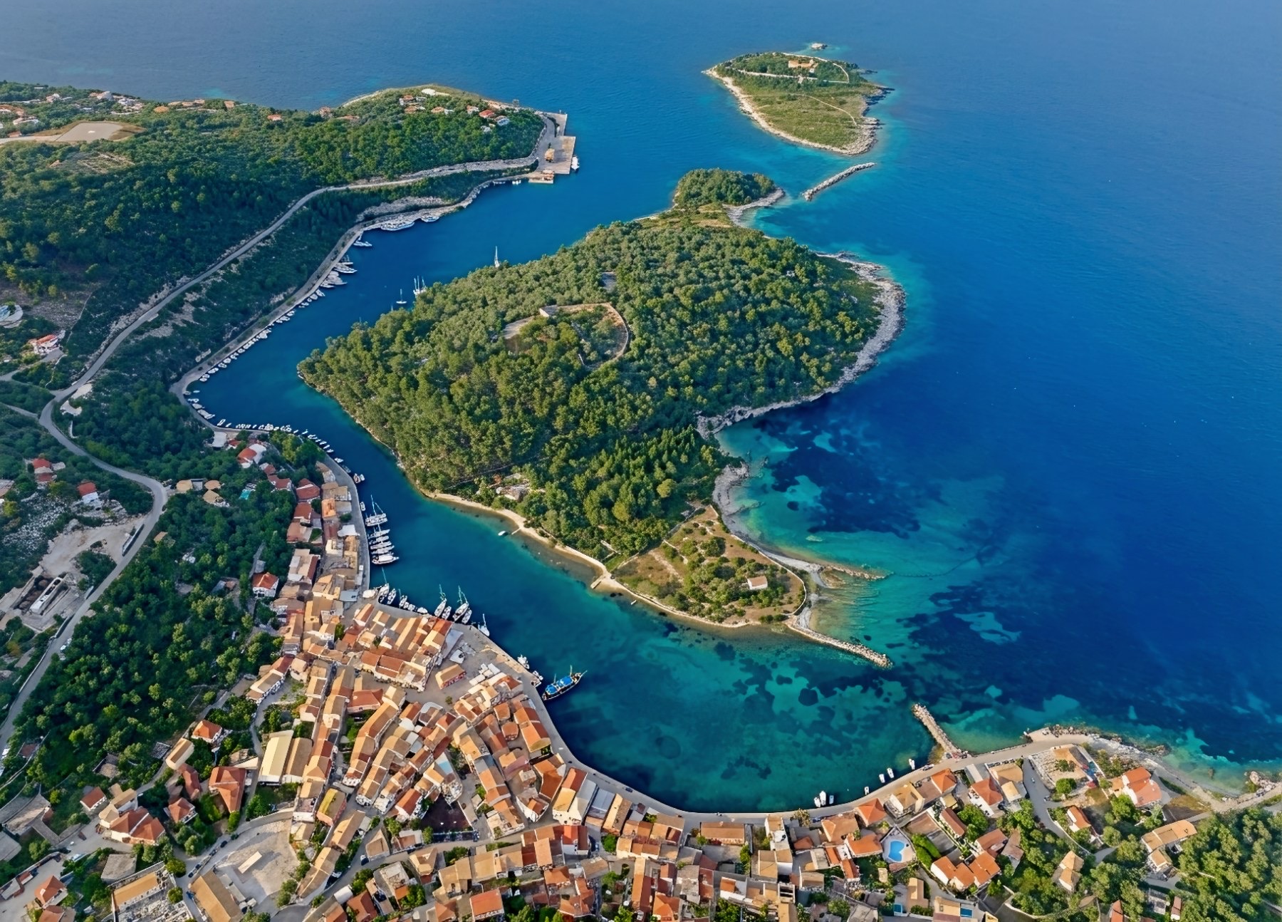 Aerial view of Gaios harbour and the Venetian harbour of Paxos