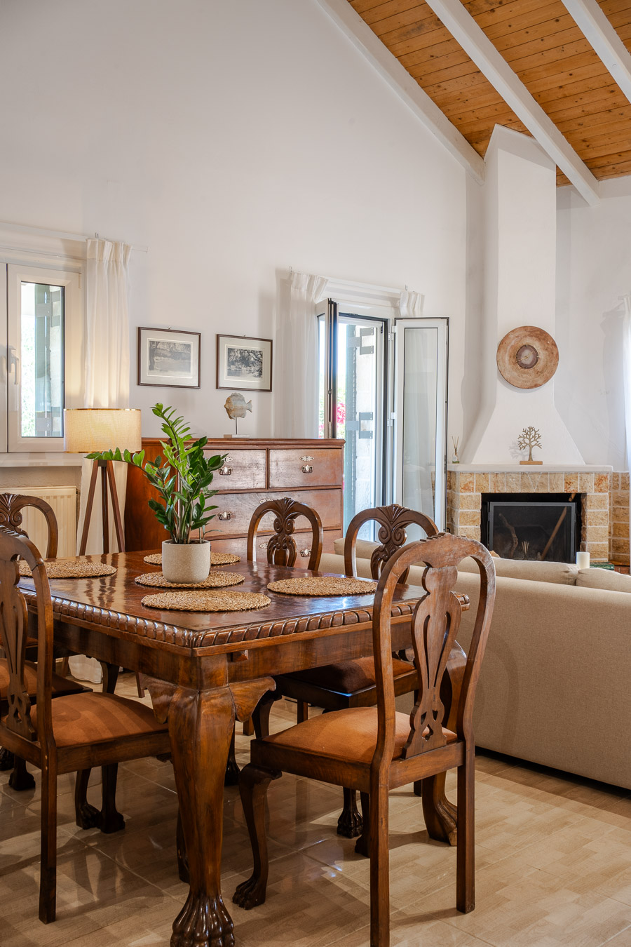 Dining area and fireplace